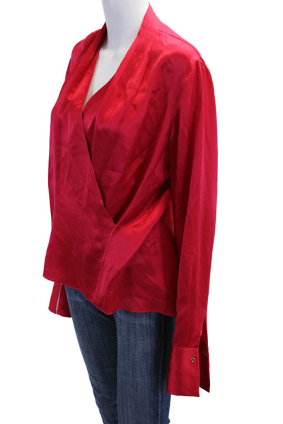Elie Tahari Womens Pleated V-Neck Long Sleeve Pullover Blouse Top Red Size M