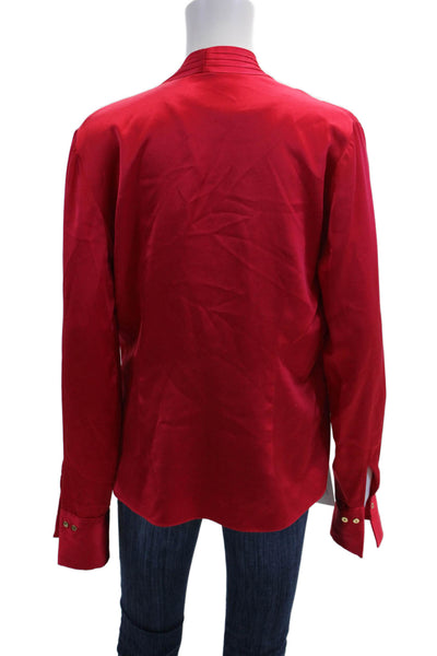 Elie Tahari Womens Pleated V-Neck Long Sleeve Pullover Blouse Top Red Size M