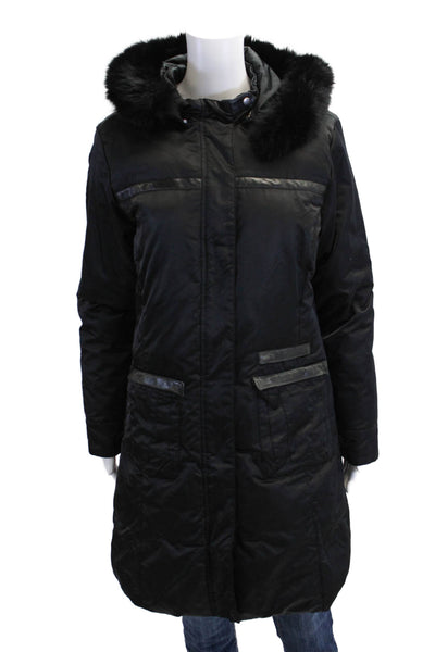 Pasha & Jo Womens Textured Full Zip Button Hood Puffer Jacket Black Size S