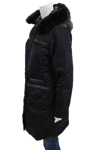 Pasha & Jo Womens Textured Full Zip Button Hood Puffer Jacket Black Size S