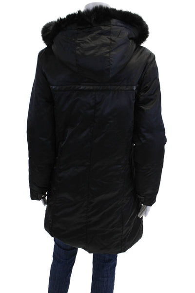 Pasha & Jo Womens Textured Full Zip Button Hood Puffer Jacket Black Size S