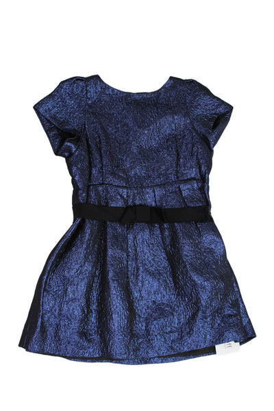 Bonpoint Childrens Girls Pleated Front Bow Waist Dress Blue Metallic Size 4