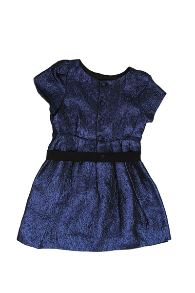 Bonpoint Childrens Girls Pleated Front Bow Waist Dress Blue Metallic Size 4