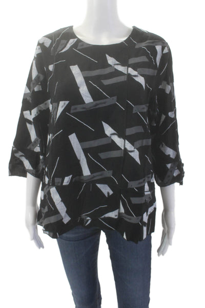 Shana Womens Abstract Printed Crew Neck Long Sleeve Blouse Top Black Size L