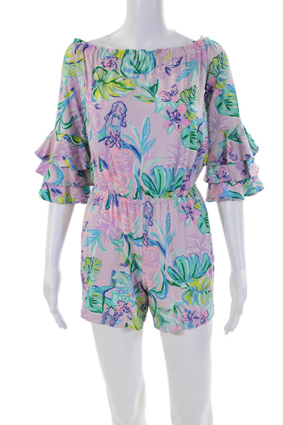 Lilly Pulitzer Womens Tiered 3/4 Sleeve Leaf Print Romper Purple Multi Size 2XS