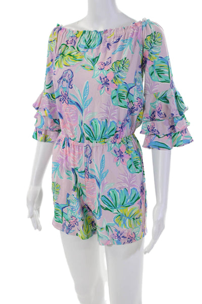 Lilly Pulitzer Womens Tiered 3/4 Sleeve Leaf Print Romper Purple Multi Size 2XS
