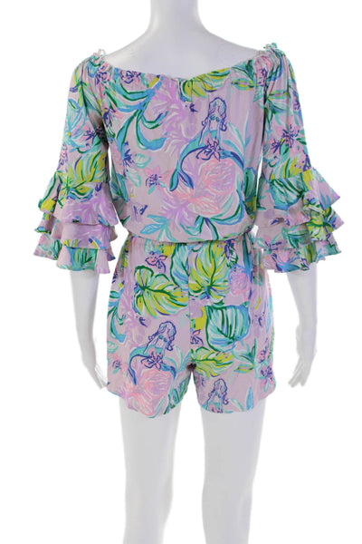 Lilly Pulitzer Womens Tiered 3/4 Sleeve Leaf Print Romper Purple Multi Size 2XS
