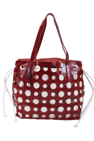 M Made In Italy Womens Leather Gold Toned Buttoned Handbag Red Size L