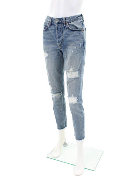 Grlfrnd Womens Karolina Distressed Skinny Leg Jeans Blue Cotton Size 26