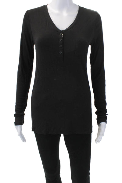 DKNY Womens Henley Neck Long Sleeve Jersey Knit Top Black Size XS