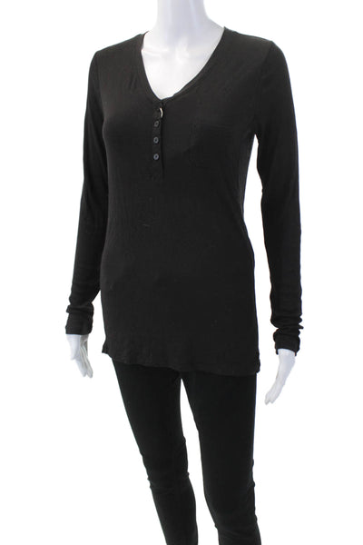DKNY Womens Henley Neck Long Sleeve Jersey Knit Top Black Size XS
