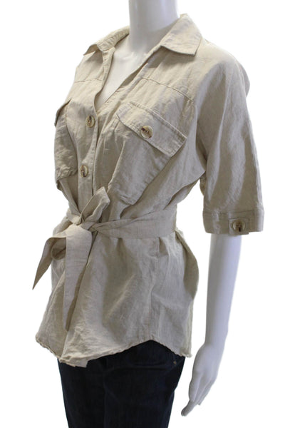 Suboo Womens Linen Button Down Short Sleeves Shirt Beige Size Extra Small