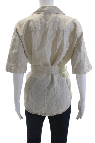 Suboo Womens Linen Button Down Short Sleeves Shirt Beige Size Extra Small