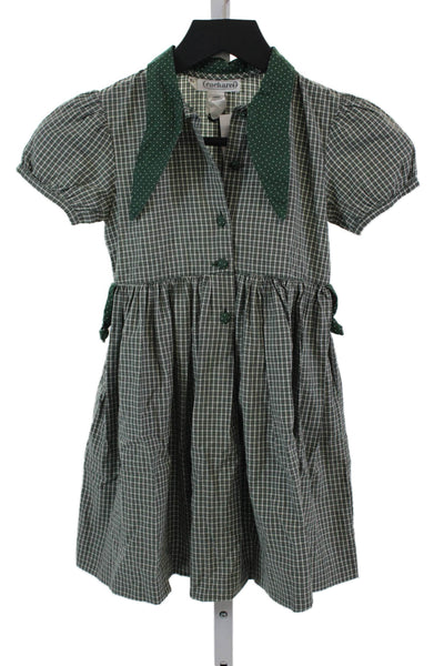 Cacharel Girls Cotton Plaid Collar Short Sleeve Shift Dress Green Size 5