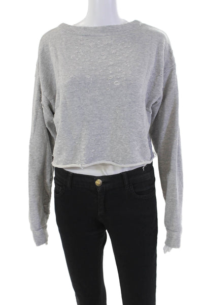 Alo Womens Textured Round Neck Long Sleeve Distressed Sweater Gray Size M