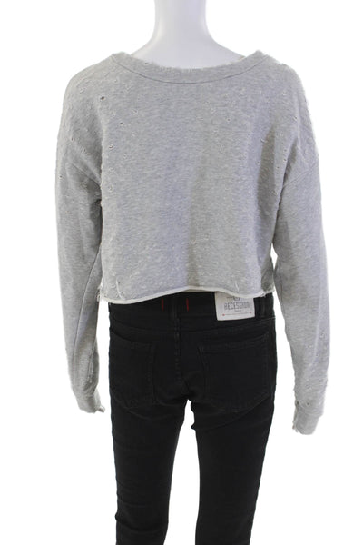Alo Womens Textured Round Neck Long Sleeve Distressed Sweater Gray Size M