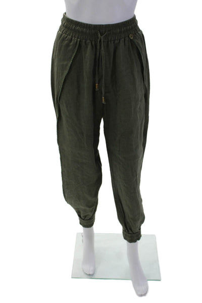 OndadeMar Womens High Rise Drawstring Linen Jogger Pants Green Size Medium