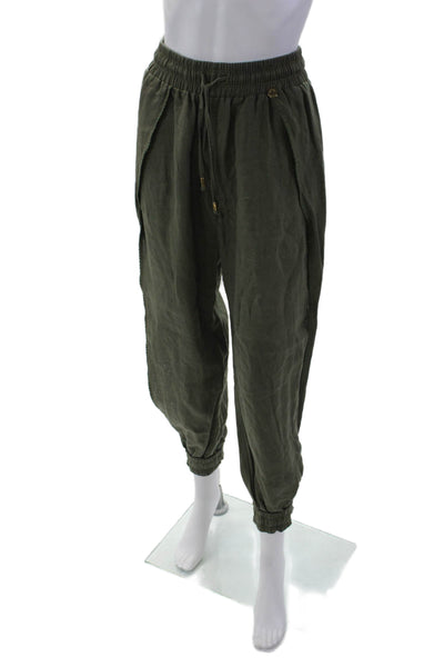 OndadeMar Womens High Rise Drawstring Linen Jogger Pants Green Size Medium