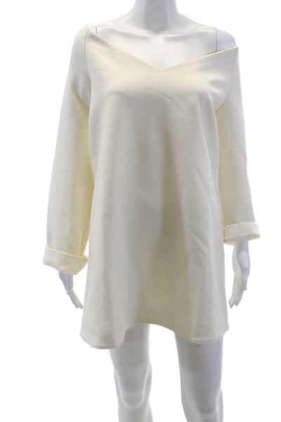 Brandon Maxwell Womens 3/4 Sleeve V Neck Mini Crepe Shift Dress White Size 8