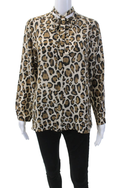 Marella Womens Silk Long Sleeve Leopard Print Button Down Blouse Brown Size 42/6