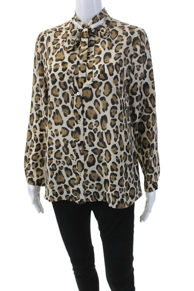 Marella Womens Silk Long Sleeve Leopard Print Button Down Blouse Brown Size 42/6