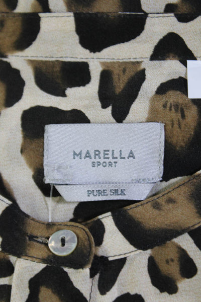 Marella Womens Silk Long Sleeve Leopard Print Button Down Blouse Brown Size 42/6