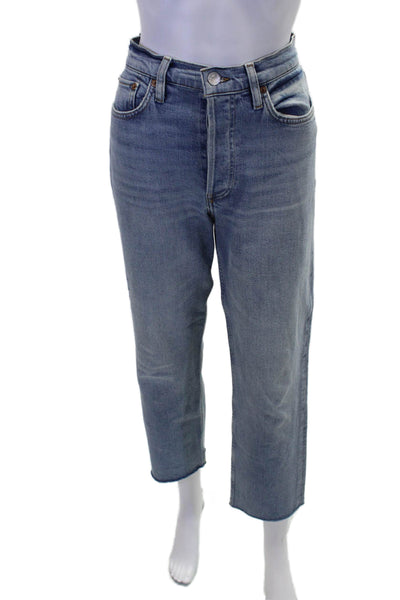Re/Done Womens High Rise Fly Button Light Wash Straight Leg Jeans Blue Size 28
