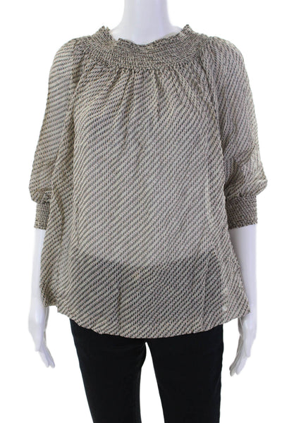 Theory Womens Silk Smocked Cuff Long Sleeve Off The Shoulder Blouse Beige Size S