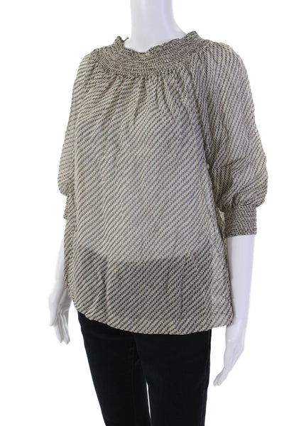 Theory Womens Silk Smocked Cuff Long Sleeve Off The Shoulder Blouse Beige Size S