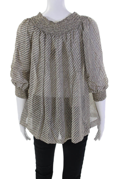 Theory Womens Silk Smocked Cuff Long Sleeve Off The Shoulder Blouse Beige Size S