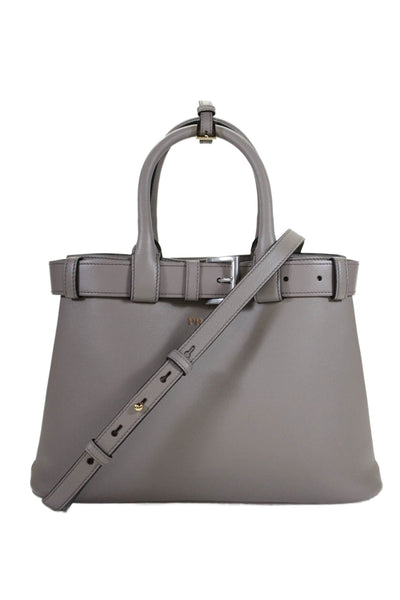 Prada Womens Double Handle Saffiano Lux Leather Buckle Tote Handbag Clay Gray