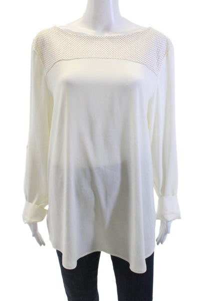 Ann Taylor Womens Long Sleeve Faux Leather Trim Blouse White Size L