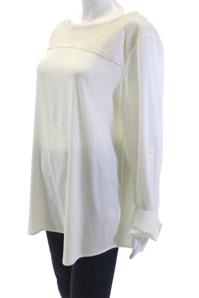 Ann Taylor Womens Long Sleeve Faux Leather Trim Blouse White Size L