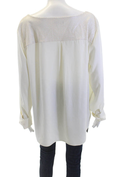 Ann Taylor Womens Long Sleeve Faux Leather Trim Blouse White Size L
