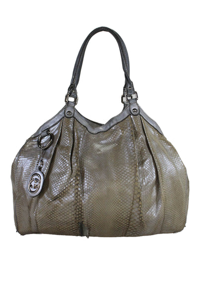 Gucci Womens Sukey Embossed Snakeskin Leather Large Shoulder Handbag Silver