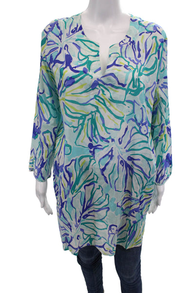 Lilly Pulitzer Womens Cotton Printed V-neck Long Sleeve Tunic Top Blue Size M