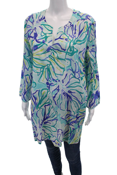 Lilly Pulitzer Womens Cotton Printed V-neck Long Sleeve Tunic Top Blue Size M
