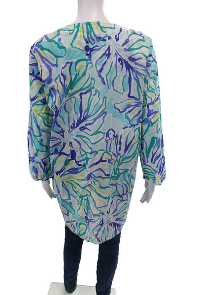 Lilly Pulitzer Womens Cotton Printed V-neck Long Sleeve Tunic Top Blue Size M