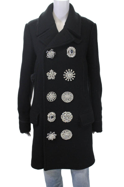 Givenchy Womens Crystal Double Breasted Collared Fringe Coat Black Wool FR 36