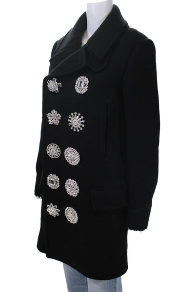 Givenchy Womens Crystal Double Breasted Collared Fringe Coat Black Wool FR 36
