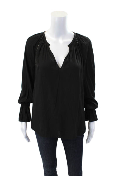 Ramy Brook Womens Studded Detail Gathered Sleeve V-Neck Blouse Black Size S