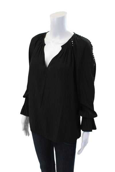 Ramy Brook Womens Studded Detail Gathered Sleeve V-Neck Blouse Black Size S