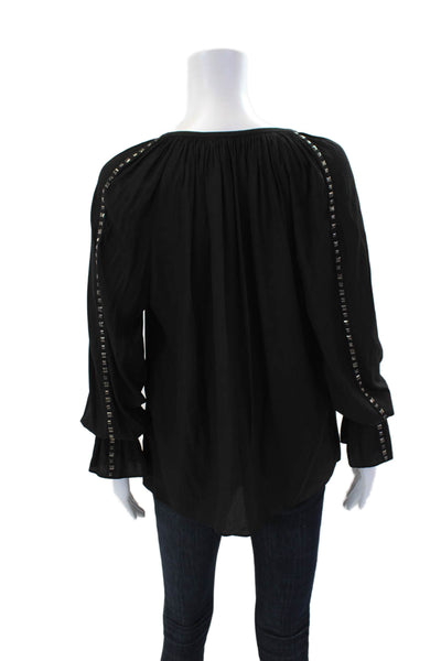 Ramy Brook Womens Studded Detail Gathered Sleeve V-Neck Blouse Black Size S