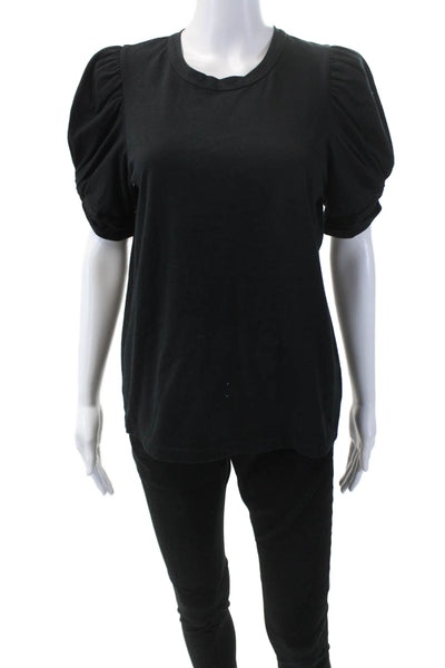 ALC Womens Ruched Short Sleeve Crew Neck Tee Shirt Black Cotton Size Medium