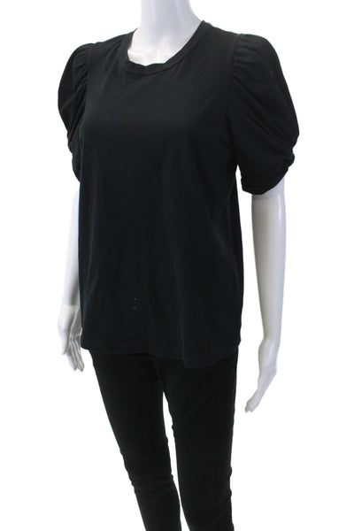 ALC Womens Ruched Short Sleeve Crew Neck Tee Shirt Black Cotton Size Medium