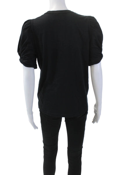 ALC Womens Ruched Short Sleeve Crew Neck Tee Shirt Black Cotton Size Medium