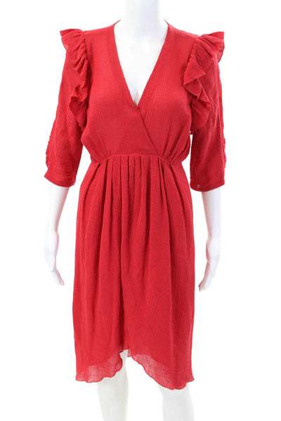 Masscob Womens Cotton Ruffle Trim V-Neck Long Sleeve Mid-Calf Dress Red Size M