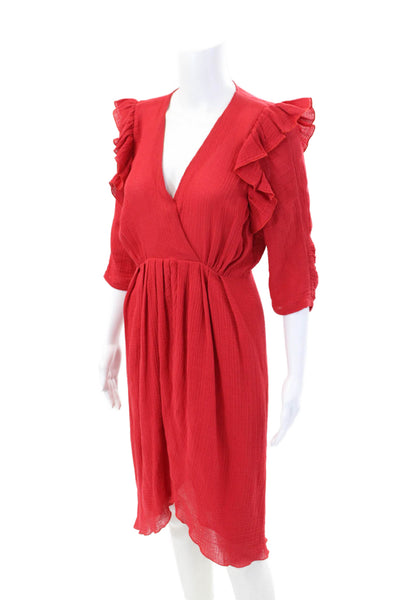 Masscob Womens Cotton Ruffle Trim V-Neck Long Sleeve Mid-Calf Dress Red Size M