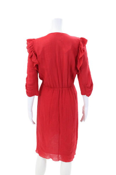 Masscob Womens Cotton Ruffle Trim V-Neck Long Sleeve Mid-Calf Dress Red Size M