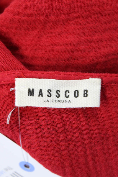 Masscob Womens Cotton Ruffle Trim V-Neck Long Sleeve Mid-Calf Dress Red Size M